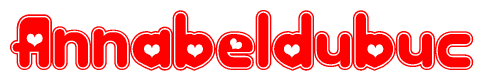 The image is a red and white graphic with the word Annabeldubuc written in a decorative script. Each letter in  is contained within its own outlined bubble-like shape. Inside each letter, there is a white heart symbol.