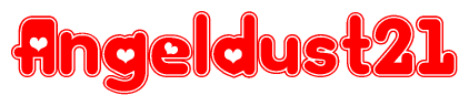 The image is a red and white graphic with the word Angeldust21 written in a decorative script. Each letter in  is contained within its own outlined bubble-like shape. Inside each letter, there is a white heart symbol.