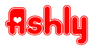 The image is a red and white graphic with the word Ashly written in a decorative script. Each letter in  is contained within its own outlined bubble-like shape. Inside each letter, there is a white heart symbol.