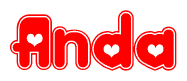 The image is a red and white graphic with the word Anda written in a decorative script. Each letter in  is contained within its own outlined bubble-like shape. Inside each letter, there is a white heart symbol.