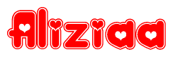The image displays the word Aliziaa written in a stylized red font with hearts inside the letters.