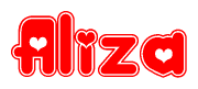 The image displays the word Aliza written in a stylized red font with hearts inside the letters.