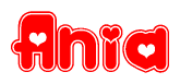 The image is a red and white graphic with the word Ania written in a decorative script. Each letter in  is contained within its own outlined bubble-like shape. Inside each letter, there is a white heart symbol.