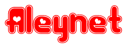 The image is a red and white graphic with the word Aleynet written in a decorative script. Each letter in  is contained within its own outlined bubble-like shape. Inside each letter, there is a white heart symbol.