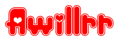 The image is a clipart featuring the word Awillrr written in a stylized font with a heart shape replacing inserted into the center of each letter. The color scheme of the text and hearts is red with a light outline.