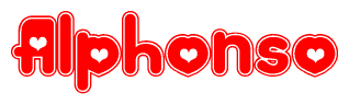 The image is a red and white graphic with the word Alphonso written in a decorative script. Each letter in  is contained within its own outlined bubble-like shape. Inside each letter, there is a white heart symbol.