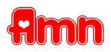 The image is a clipart featuring the word Amn written in a stylized font with a heart shape replacing inserted into the center of each letter. The color scheme of the text and hearts is red with a light outline.