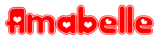 The image is a red and white graphic with the word Amabelle written in a decorative script. Each letter in  is contained within its own outlined bubble-like shape. Inside each letter, there is a white heart symbol.