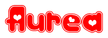 The image displays the word Aurea written in a stylized red font with hearts inside the letters.