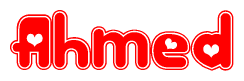 The image is a red and white graphic with the word Ahmed written in a decorative script. Each letter in  is contained within its own outlined bubble-like shape. Inside each letter, there is a white heart symbol.