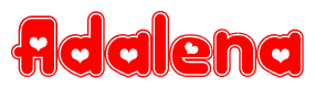 The image is a clipart featuring the word Adalena written in a stylized font with a heart shape replacing inserted into the center of each letter. The color scheme of the text and hearts is red with a light outline.