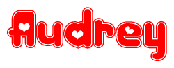 The image displays the word Audrey written in a stylized red font with hearts inside the letters.