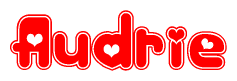 The image is a red and white graphic with the word Audrie written in a decorative script. Each letter in  is contained within its own outlined bubble-like shape. Inside each letter, there is a white heart symbol.