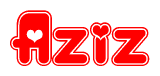 The image displays the word Aziz written in a stylized red font with hearts inside the letters.
