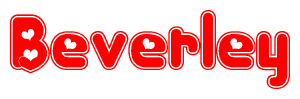 The image is a red and white graphic with the word Beverley written in a decorative script. Each letter in  is contained within its own outlined bubble-like shape. Inside each letter, there is a white heart symbol.