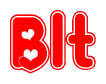 The image is a red and white graphic with the word Blt written in a decorative script. Each letter in  is contained within its own outlined bubble-like shape. Inside each letter, there is a white heart symbol.