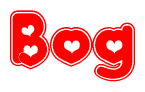 The image is a red and white graphic with the word Bog written in a decorative script. Each letter in  is contained within its own outlined bubble-like shape. Inside each letter, there is a white heart symbol.