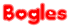The image is a red and white graphic with the word Bogles written in a decorative script. Each letter in  is contained within its own outlined bubble-like shape. Inside each letter, there is a white heart symbol.