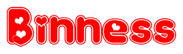 The image is a red and white graphic with the word Binness written in a decorative script. Each letter in  is contained within its own outlined bubble-like shape. Inside each letter, there is a white heart symbol.
