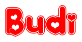 The image is a red and white graphic with the word Budi written in a decorative script. Each letter in  is contained within its own outlined bubble-like shape. Inside each letter, there is a white heart symbol.