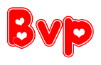 The image is a red and white graphic with the word Bvp written in a decorative script. Each letter in  is contained within its own outlined bubble-like shape. Inside each letter, there is a white heart symbol.