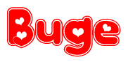 The image displays the word Buge written in a stylized red font with hearts inside the letters.