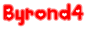 The image is a clipart featuring the word Byrond4 written in a stylized font with a heart shape replacing inserted into the center of each letter. The color scheme of the text and hearts is red with a light outline.
