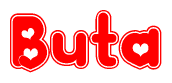 The image is a red and white graphic with the word Buta written in a decorative script. Each letter in  is contained within its own outlined bubble-like shape. Inside each letter, there is a white heart symbol.