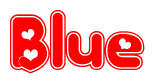 The image is a red and white graphic with the word Blue written in a decorative script. Each letter in  is contained within its own outlined bubble-like shape. Inside each letter, there is a white heart symbol.