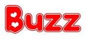 The image is a red and white graphic with the word Buzz written in a decorative script. Each letter in  is contained within its own outlined bubble-like shape. Inside each letter, there is a white heart symbol.