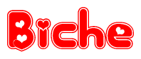 The image is a red and white graphic with the word Biche written in a decorative script. Each letter in  is contained within its own outlined bubble-like shape. Inside each letter, there is a white heart symbol.