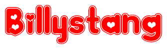 The image is a red and white graphic with the word Billystang written in a decorative script. Each letter in  is contained within its own outlined bubble-like shape. Inside each letter, there is a white heart symbol.