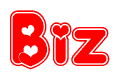 The image is a red and white graphic with the word Biz written in a decorative script. Each letter in  is contained within its own outlined bubble-like shape. Inside each letter, there is a white heart symbol.