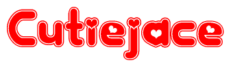 The image is a red and white graphic with the word Cutiejace written in a decorative script. Each letter in  is contained within its own outlined bubble-like shape. Inside each letter, there is a white heart symbol.