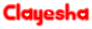 The image is a red and white graphic with the word Clayesha written in a decorative script. Each letter in  is contained within its own outlined bubble-like shape. Inside each letter, there is a white heart symbol.