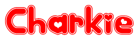 The image is a red and white graphic with the word Charkie written in a decorative script. Each letter in  is contained within its own outlined bubble-like shape. Inside each letter, there is a white heart symbol.