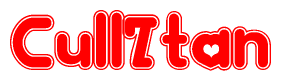 The image is a red and white graphic with the word Cull7tan written in a decorative script. Each letter in  is contained within its own outlined bubble-like shape. Inside each letter, there is a white heart symbol.