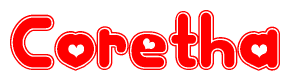 The image is a clipart featuring the word Coretha written in a stylized font with a heart shape replacing inserted into the center of each letter. The color scheme of the text and hearts is red with a light outline.