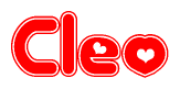 The image is a red and white graphic with the word Cleo written in a decorative script. Each letter in  is contained within its own outlined bubble-like shape. Inside each letter, there is a white heart symbol.