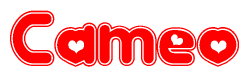 The image is a clipart featuring the word Cameo written in a stylized font with a heart shape replacing inserted into the center of each letter. The color scheme of the text and hearts is red with a light outline.