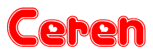 The image is a red and white graphic with the word Ceren written in a decorative script. Each letter in  is contained within its own outlined bubble-like shape. Inside each letter, there is a white heart symbol.