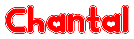 The image is a red and white graphic with the word Chantal written in a decorative script. Each letter in  is contained within its own outlined bubble-like shape. Inside each letter, there is a white heart symbol.
