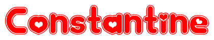 The image is a red and white graphic with the word Constantine written in a decorative script. Each letter in  is contained within its own outlined bubble-like shape. Inside each letter, there is a white heart symbol.