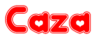 The image is a red and white graphic with the word Caza written in a decorative script. Each letter in  is contained within its own outlined bubble-like shape. Inside each letter, there is a white heart symbol.