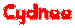 The image is a red and white graphic with the word Cydnee written in a decorative script. Each letter in  is contained within its own outlined bubble-like shape. Inside each letter, there is a white heart symbol.
