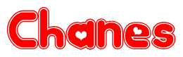 The image is a red and white graphic with the word Chanes written in a decorative script. Each letter in  is contained within its own outlined bubble-like shape. Inside each letter, there is a white heart symbol.