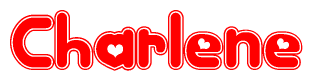 The image is a red and white graphic with the word Charlene written in a decorative script. Each letter in  is contained within its own outlined bubble-like shape. Inside each letter, there is a white heart symbol.