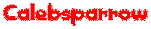 The image is a red and white graphic with the word Calebsparrow written in a decorative script. Each letter in  is contained within its own outlined bubble-like shape. Inside each letter, there is a white heart symbol.