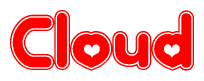 The image is a red and white graphic with the word Cloud written in a decorative script. Each letter in  is contained within its own outlined bubble-like shape. Inside each letter, there is a white heart symbol.