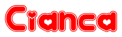 The image is a red and white graphic with the word Cianca written in a decorative script. Each letter in  is contained within its own outlined bubble-like shape. Inside each letter, there is a white heart symbol.